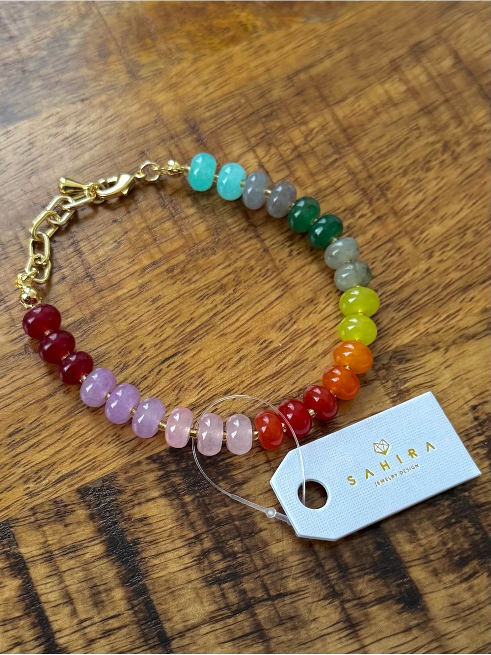 Sahira Jewelry Design Multicolor Gemstone Beaded Bracelet with Gold Chain